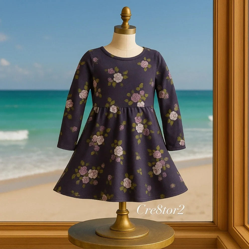 🎀 Place Girls Floral Long Sleeve Dress Purple Plum Flowers Size 5/6 So Cute 💕